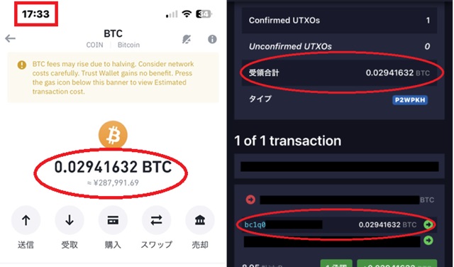 ウォレットにBTCが着金した時間が分かる画像