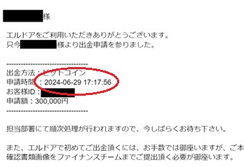 出金申請完了の時間が記載されているメール画像